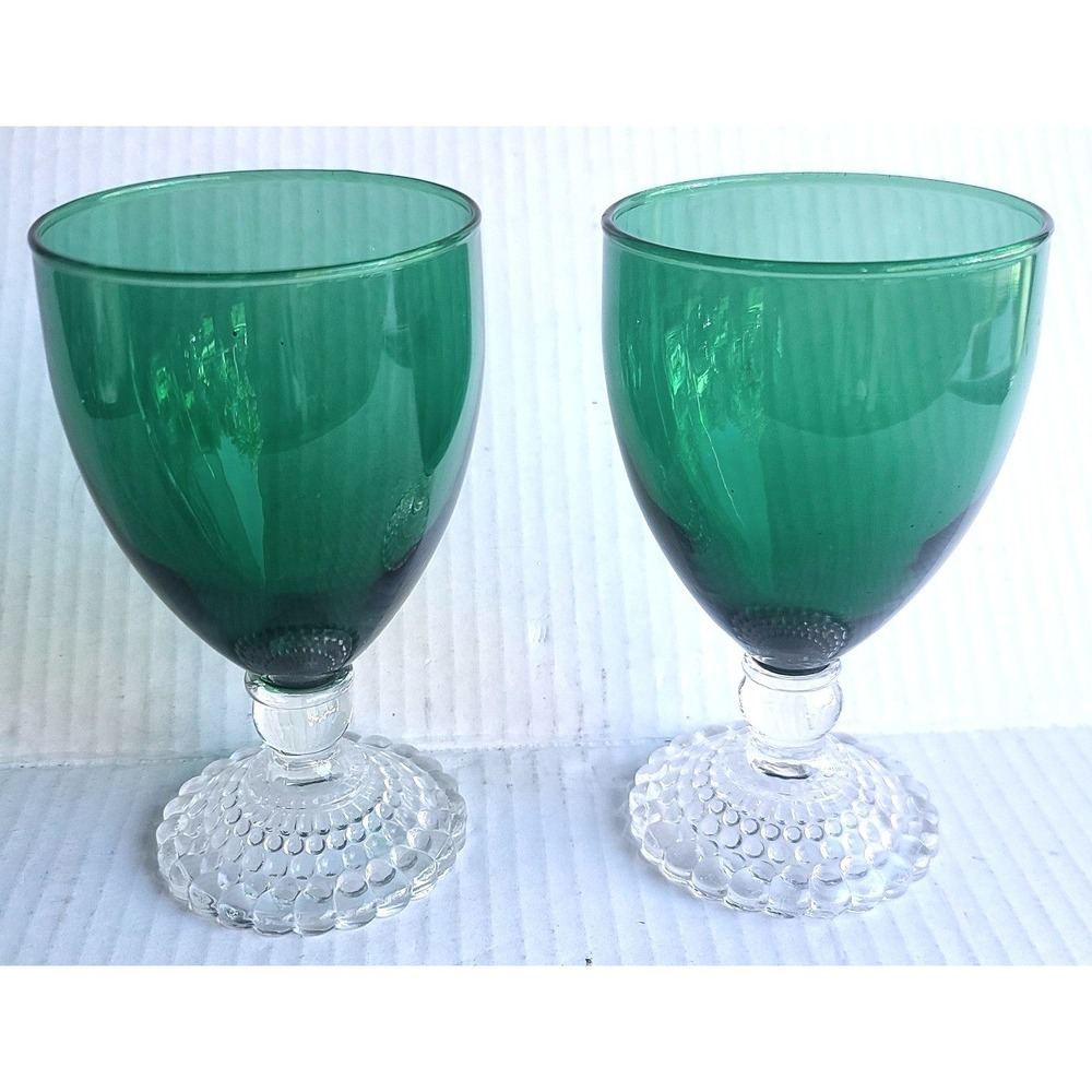 Vintage Anchor Hocking Boopie Green Goblets Clear Bubble Hobnail Base Footed 2ct